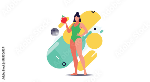 Fit woman in a green one-piece swimsuit stands confidently while holding a fresh red apple against a backdrop of abstract colorful shapes.