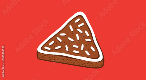 Triangular slice of gingerbread or chocolate bread topped with white icing around the edge and many white sugar sprinkles on a red background.