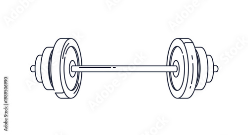 Simple black and white line drawing of a heavy barbell with multiple weight plates on each side used for bodybuilding and strength training.