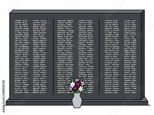 Memorial wall engraved with names and flowers in vase honoring fallen soldiers remembrance grief respect concept