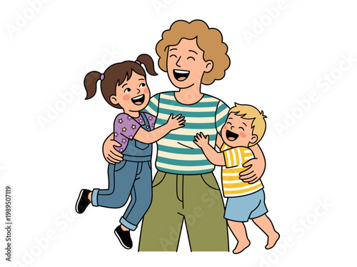 Happy mother laughing and hugging two small children joyful family moment love care bonding concept