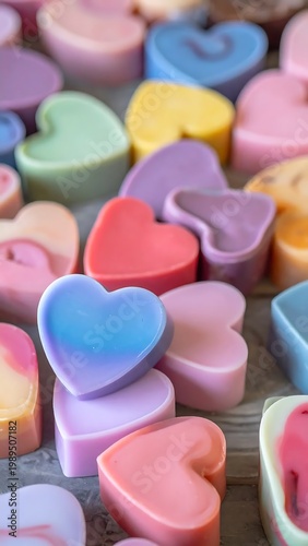 Colorful Heart Shaped Wax Melts And Candles In Pastel Colors Scattered On A Table Surface For Valentines Day Macro Photography
