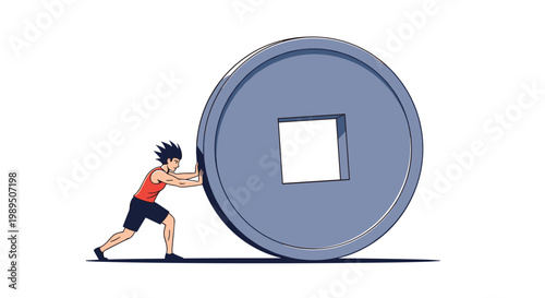 Determined man in a red tank top and black shorts putting extreme effort into pushing a massive metal coin with a square hole.