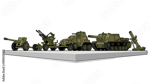 Military vehicles artillery and equipment displayed exhibition of wartime hardware victory day concept