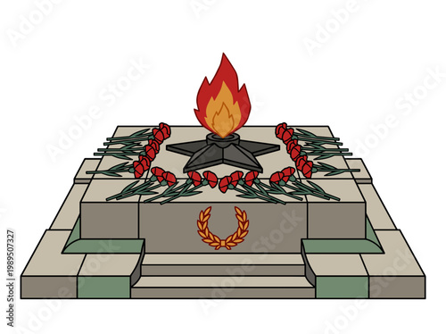 Red carnations laid at memorial with eternal flame honoring fallen soldiers remembrance victory day concept
