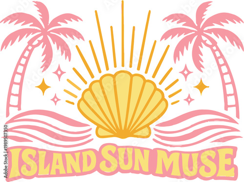 Island sun muse vector, retro tropical beach illustration with seashell, palm trees, sun rays, ocean waves, sparkle accents, summer vacation shirt and sticker design