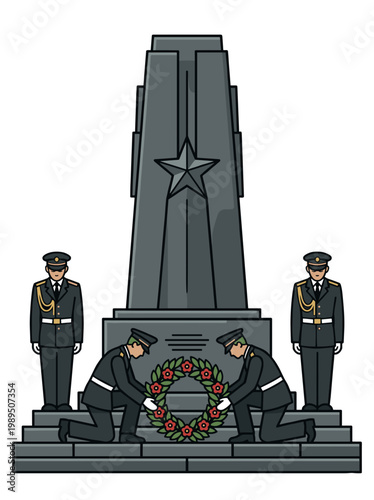 Solemn wreath laying ceremony at memorial with guards honoring fallen soldiers remembrance concept