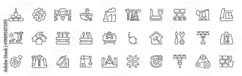 Construction outline icon set: editable stroke linear thin line symbols for industrial design