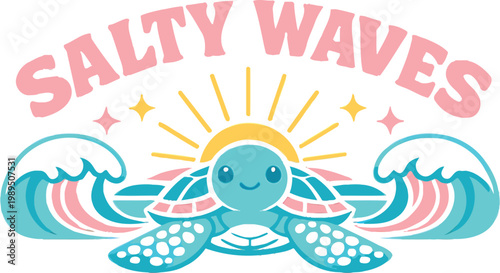 Salty waves sea turtle vector, cute coastal beach illustration with ocean waves, rising sun, sparkle accents, pastel summer shirt, sticker and kids apparel design