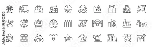 Construction and engineering linear icon set with thin line style and editable stroke symbols