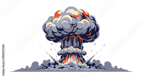 Detailed mushroom cloud explosion with billowing smoke and fiery highlights representing a powerful blast or impact.