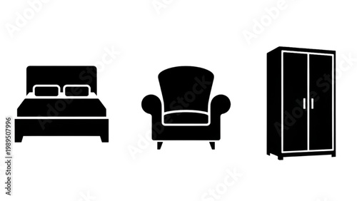 Simple 2D icons showcase modern furniture including bed, chair, wardrobe