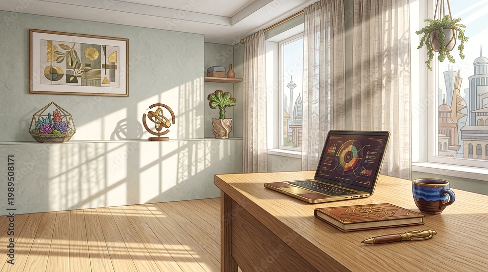 Fototapeta premium Modern home office workspace with laptop, coffee cup, and city view from window
