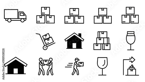 A collection of 2D AutoCAD icons depicts logistics and moving scenes with people and objects.