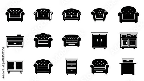 Collection of 2D AutoCAD icons featuring various furniture pieces