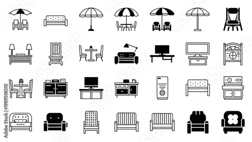 Collection of 2D AutoCAD icons features furniture and outdoor items