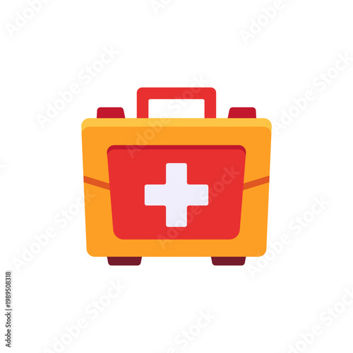 yellow red beach first aid kit, emergency medical case, colorful illustration