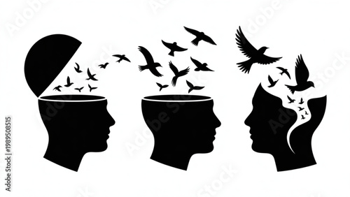 Head Opening With Birds Silhouette Vector Set – Freedom Mind and Thought Release Symbol Collection