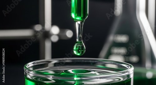 Green Liquid Drop Dispensed From Dropper Into Beaker