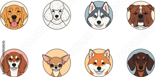 Set of Professional Dog Breed Avatar Icons Featuring Golden Retriever Poodle Husky Bulldog Beagle Chihuahua Shiba Inu and Dachshund for Pet Care and Veterinary Graphic Designs