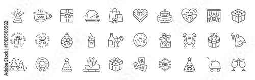 Holiday celebration linear icon set: thin line symbols with editable stroke for festive themes