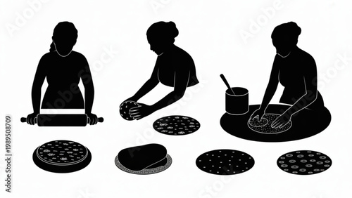 Indian Woman Making Roti Silhouette Vector Set – Traditional Flatbread Preparation Activity Collection