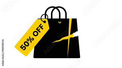 Stylish black shopping bag with bold yellow sale tag offering fifty percent discount in modern vector illustration design