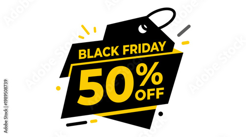 Black Friday sale discount tag with 50 percent off offer in yellow and black colors