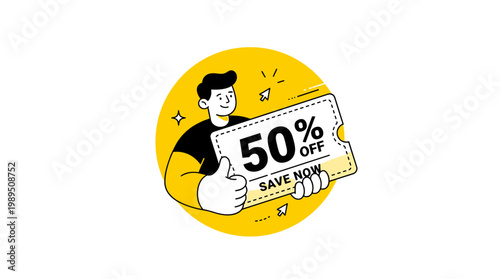 A cartoon man holding a discount coupon with fifty percent off in a yellow circle illustration
