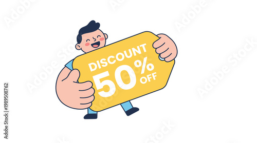 Happy cartoon character holding a bright yellow sale sign advertising an incredible fifty percent discount offer