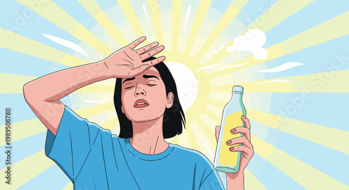 Young woman suffering from intense heat while holding a water bottle under the bright sun with yellow and blue rays in the background.