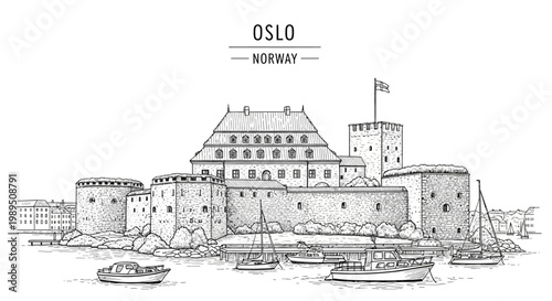 Photography Black and white sketch of Akershus Fortress in Oslo Norway with boats on the wat