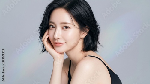 やわらかな光をまとったショートボブの若い女性が上品な微笑みを見せるナチュラルビューティーポートレート、透明感のある肌印象と洗練された雰囲気でスキンケア・化粧品・美容医療・ヘアサロン広告に使いやすい人物素材