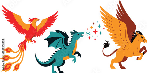 Set of Legendary Mythical Creature Illustrations Featuring a Fire Phoenix Rebirth Teal Dragon Breathing Magic and Majestic Golden Griffin for Fantasy Storytelling Graphic Designs