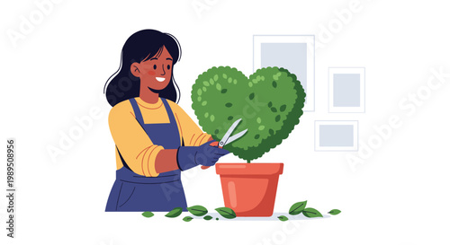 Young woman gardener smiling while pruning a green heart shaped plant in a terracotta pot with scissors in a bright room with picture frames.