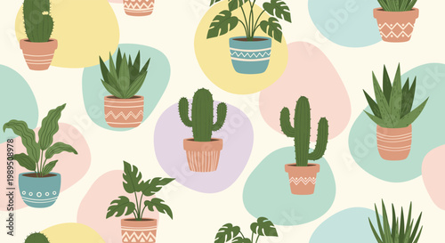 Seamless vector pattern showcasing various potted houseplants and cacti in terracotta and blue pots over a cream background with colorful blobs.