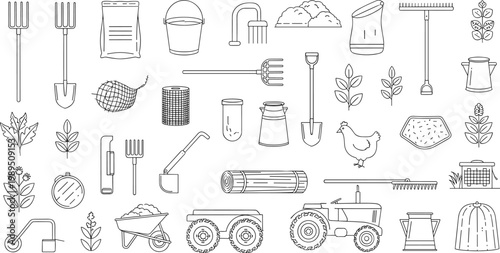 Farming and Agriculture Equipment Vector Set Featuring Tractor Shovel Bucket Wheelbarrow and Farm Tools in Minimalist Line Art Style Isolated on White Background