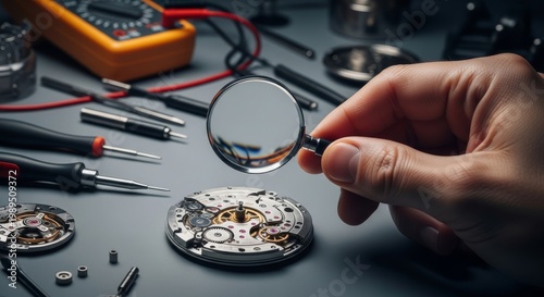 Hand Examining Watch Movement with Magnifying Glass