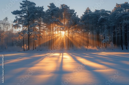 Golden sunbeams pierce a frosty forest over a vast snow-covered expanse at sunrise