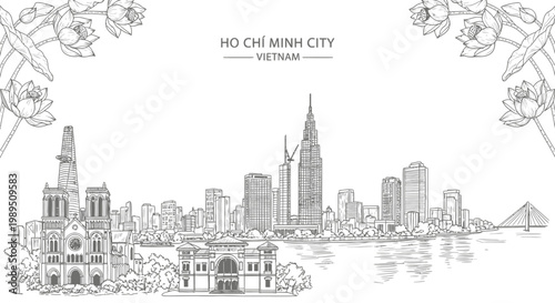 Εκτύπωση καμβά Black and white sketch of the Ho Chi Minh City skyline lotus flowers overhead