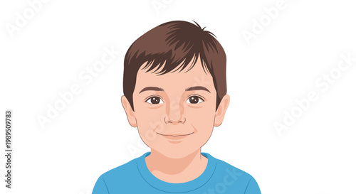 Realistic close up portrait of a young boy with brown hair and dark eyes looking forward with a slight smile on his face.