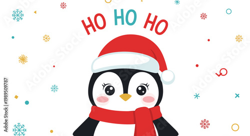 Adorable penguin character wearing a red Santa hat and scarf saying HO HO HO surrounded by snowflakes and festive decorations.