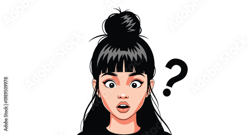 Close up portrait of a surprised young woman with black hair in a bun looking at a floating black question mark symbol.