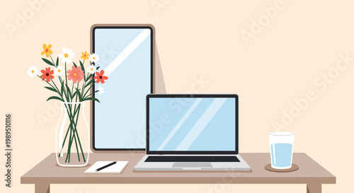 Modern workspace setup featuring a laptop computer, a tall mirror, a glass vase with colorful flowers, and a glass of water on a desk.