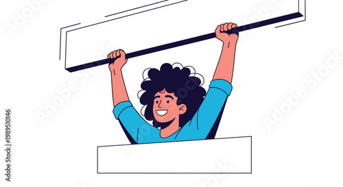 Cheerful young man with curly hair performing a pull-up exercise on a horizontal bar with an enthusiastic and determined expression.