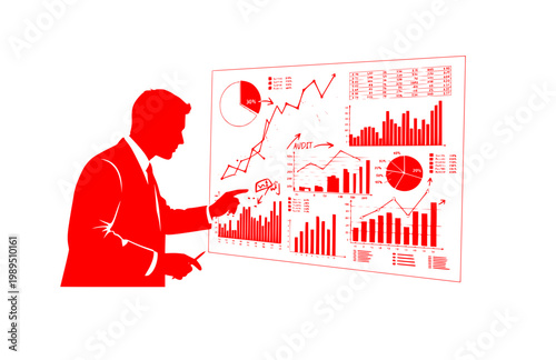 Business Audit Examination of Statistical Graphic Data. Black Vector Silhouette of Businessman Analyzing Financial Charts and Data.