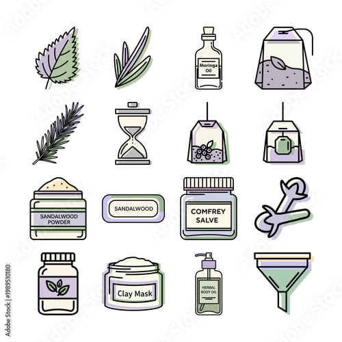 Herbal Spa Icon Set for Wellness or Natural Spa Elements with Herbal Remedy Illustrations