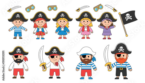 Cute Pirate Character Vector Set – Kids and Captain Cartoon Adventure Collection