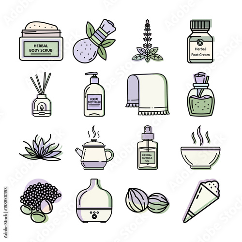 Herbal Spa Icon Set Illustration or Spa Treatment Line Art Icon Collection
