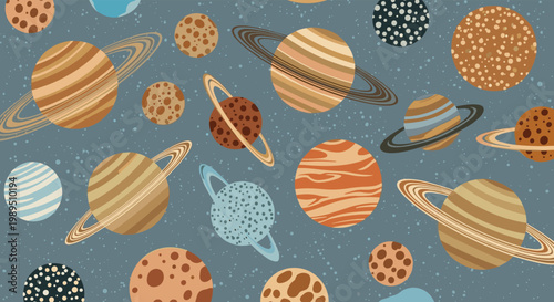 Seamless space pattern featuring various stylized planets with rings and craters scattered across a dark blue starry cosmic background.